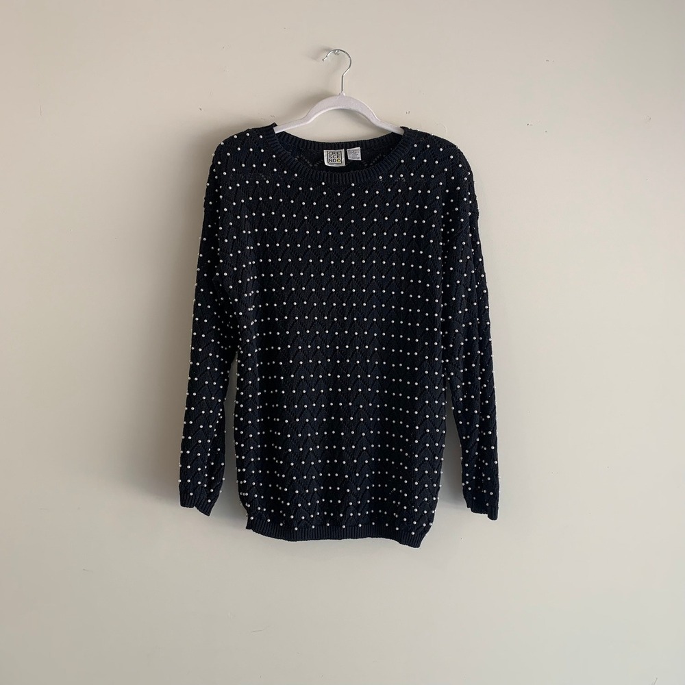 Vintage Crescendo Pearl Beaded Women Knit Sweater Black Ramie Cotton L